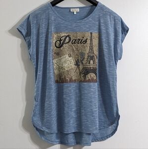 Women's Blue Paris Postcard Dolman Short Sleeve Graphic T-shirt, Size 2X, NEW